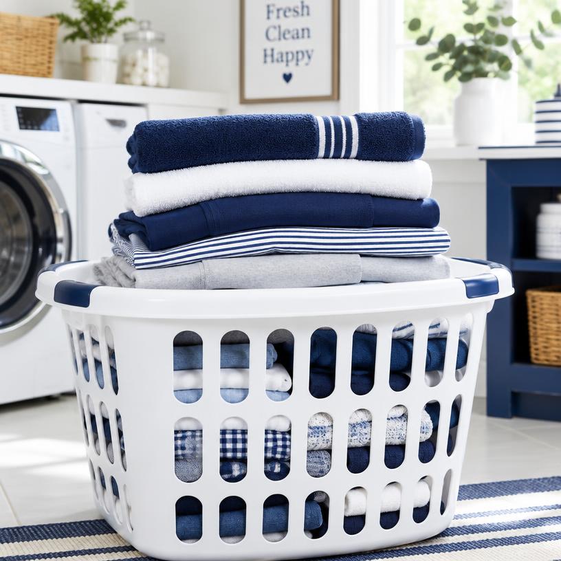 Laundry basket with neatly folded clothes